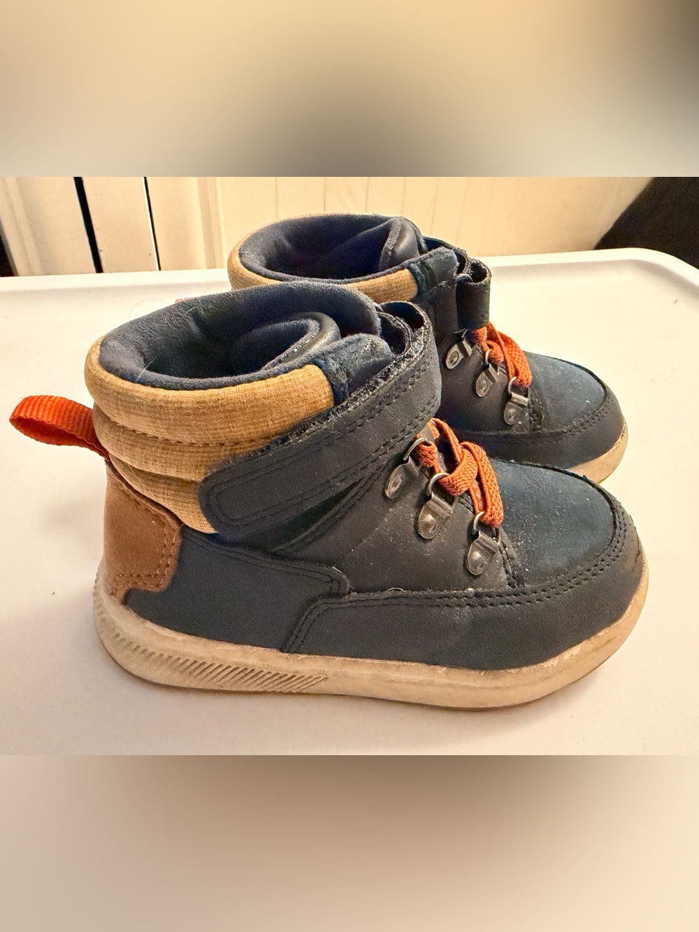 Kids Navy High-Top Sneakers with Orange Laces